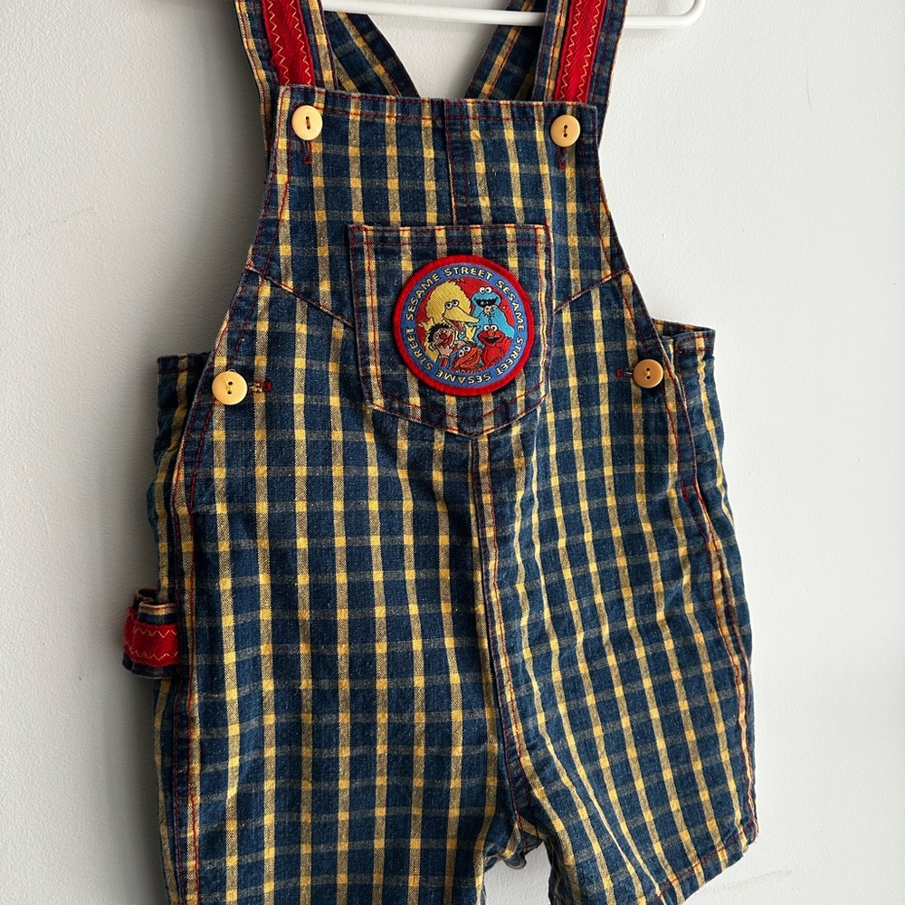 Vintage Sesame Street Plaid patch kids shortalls - Picture 5 of 5